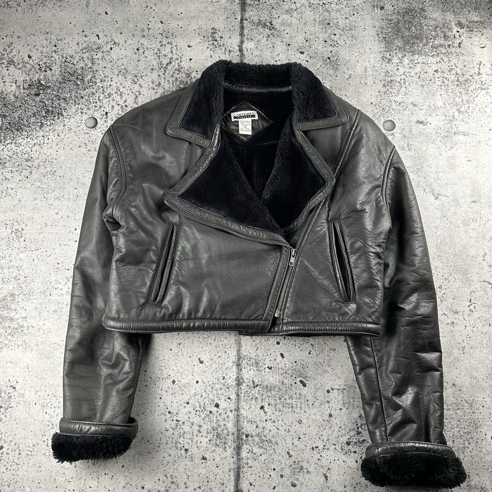 Contempo VTG Cropped Moto Biker Leather Faux‎ Fur Lined Zip Jacket Sz L Black